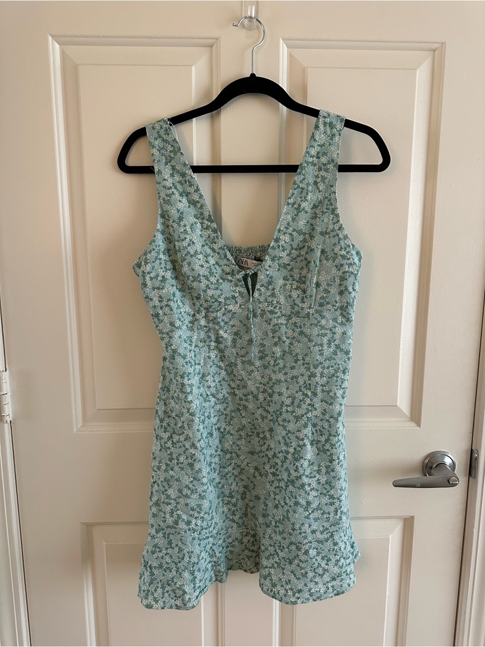 Zara Baby Blue & Mint Green Linen Floral Tie-Front Dress